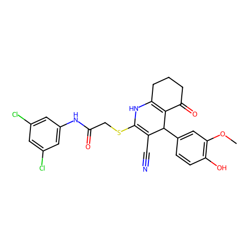 2-((3-cyano-4-(4-hydroxy-3-methoxyphenyl)-5-oxo-1,4,5,6,7,8-hexahydroquinolin-2-yl)thio)-N-(3,5-dichlorophenyl)acetamide structure