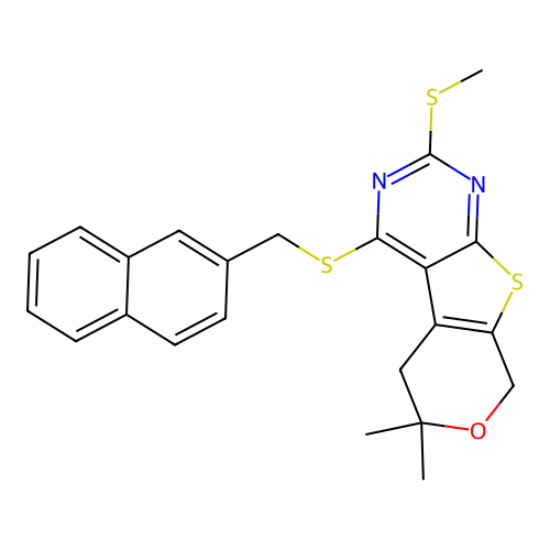 6,6-dimethyl-2-(methylsulfanyl)-4-[(naphthalen-2-ylmethyl)sulfanyl]-5,8-dihydro-6H-pyrano[4',3':4,5]thieno[2,3-d]pyrimidine structure