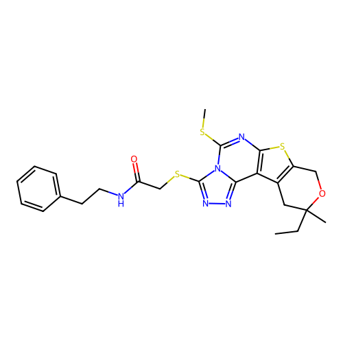 2-((10-ethyl-10-methyl-5-(methylthio)-10,11-dihydro-8H-pyrano[4',3':4,5]thieno[3,2-e][1,2,4]triazolo[4,3-c]pyrimidin-3-yl)thio)-N-phenethylacetamide structure
