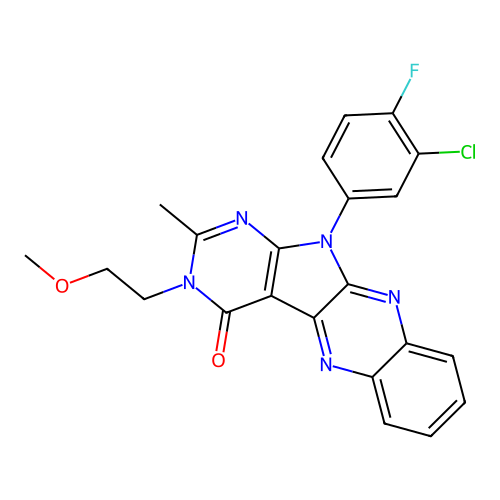 11-(3-chloro-4-fluorophenyl)-3-(2-methoxyethyl)-2-methyl-3,11-dihydro-4H-pyrimido[5',4':4,5]pyrrolo[2,3-b]quinoxalin-4-one structure
