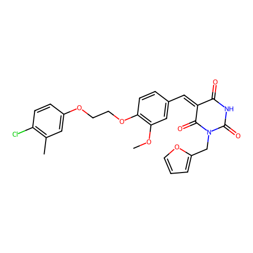 (5Z)-5-[[4-[2-(4-chloro-3-methylphenoxy)ethoxy]-3-methoxyphenyl]methylidene]-1-(furan-2-ylmethyl)-1,3-diazinane-2,4,6-trione structure