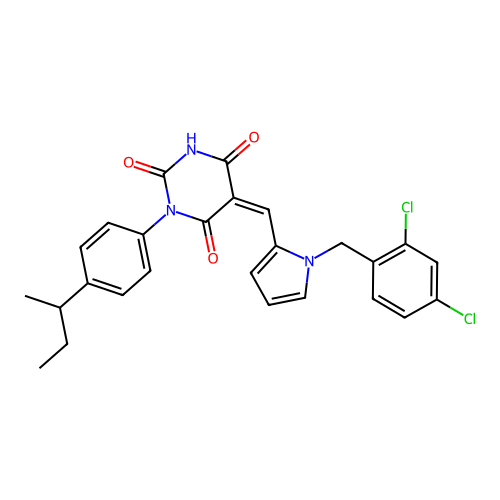 (5Z)-1-(4-butan-2-ylphenyl)-5-[[1-[(2,4-dichlorophenyl)methyl]pyrrol-2-yl]methylidene]-1,3-diazinane-2,4,6-trione structure