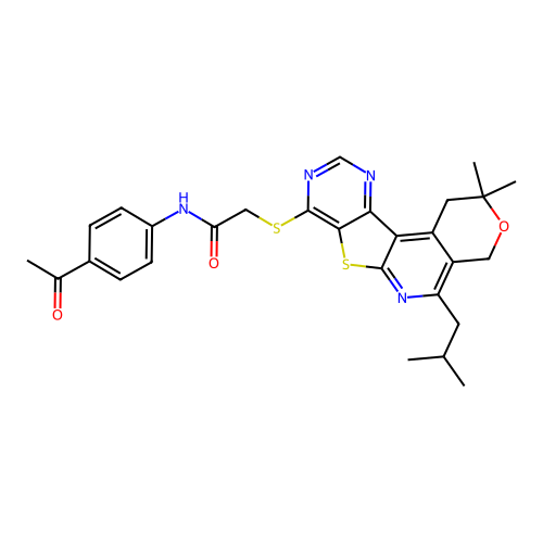 N-(4-acetylphenyl)-2-((5-isobutyl-2,2-dimethyl-2,4-dihydro-1H-pyrano[4'',3'':4',5']pyrido[3',2':4,5]thieno[3,2-d]pyrimidin-8-yl)thio)acetamide structure