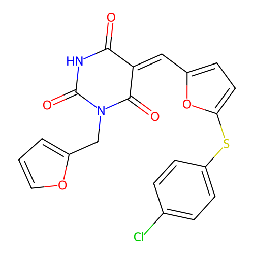 (5Z)-5-[[5-(4-chlorophenyl)sulfanylfuran-2-yl]methylidene]-1-(furan-2-ylmethyl)-1,3-diazinane-2,4,6-trione structure
