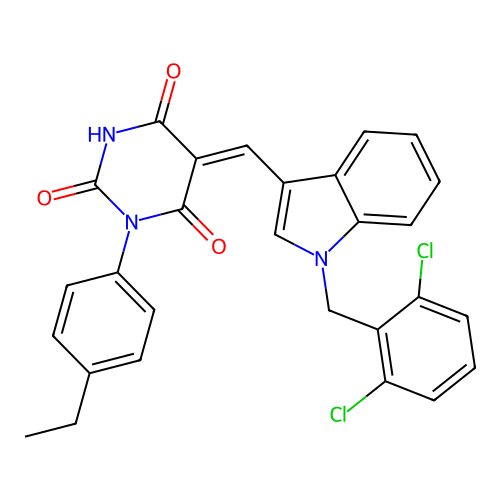 (5Z)-5-[[1-[(2,6-dichlorophenyl)methyl]indol-3-yl]methylidene]-1-(4-ethylphenyl)-1,3-diazinane-2,4,6-trione structure