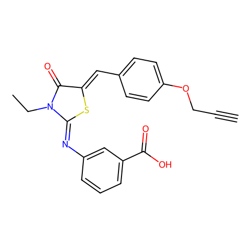 3-((E)-((Z)-3-ethyl-4-oxo-5-(4-(prop-2-yn-1-yloxy)benzylidene)thiazolidin-2-ylidene)amino)benzoic acid structure