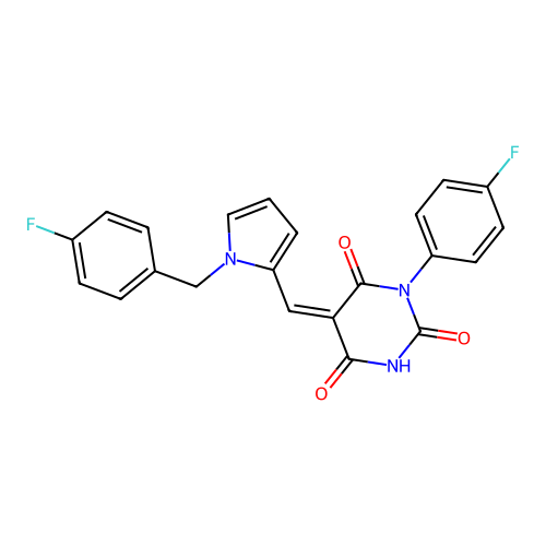 (5Z)-1-(4-fluorophenyl)-5-[[1-[(4-fluorophenyl)methyl]pyrrol-2-yl]methylidene]-1,3-diazinane-2,4,6-trione structure