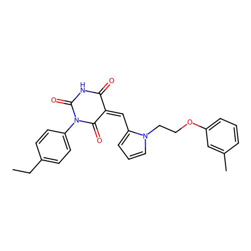 (Z)-1-(4-ethylphenyl)-5-((1-(2-(m-tolyloxy)ethyl)-1H-pyrrol-2-yl)methylene)pyrimidine-2,4,6(1H,3H,5H)-trione structure