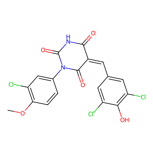(5Z)-1-(3-chloro-4-methoxyphenyl)-5-(3,5-dichloro-4-hydroxybenzylidene)pyrimidine-2,4,6(1H,3H,5H)-trione structure