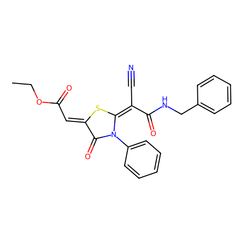 (Z)-ethyl 2-((E)-2-(2-(benzylamino)-1-cyano-2-oxoethylidene)-4-oxo-3-phenylthiazolidin-5-ylidene)acetate structure