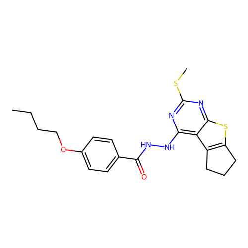 4-butoxy-N'-(2-(methylthio)-6,7-dihydro-5H-cyclopenta[4,5]thieno[2,3-d]pyrimidin-4-yl)benzohydrazide structure