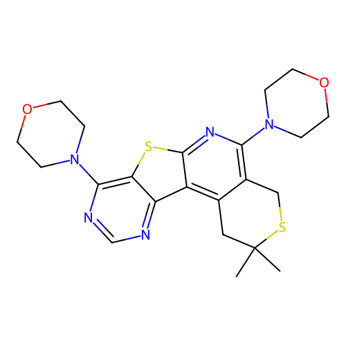 2,2-dimethyl-5,8-di(morpholin-4-yl)-1,4-dihydro-2H-thiopyrano[4'',3'':4',5']pyrido[3',2':4,5]thieno[3,2-d]pyrimidine structure