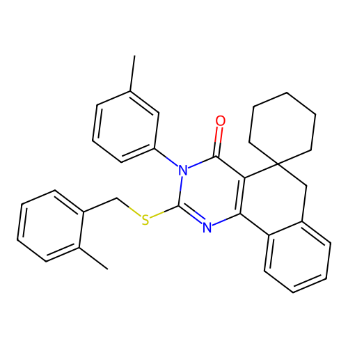 2-((2-methylbenzyl)thio)-3-(m-tolyl)-3H-spiro[benzo[h]quinazoline-5,1'-cyclohexan]-4(6H)-one structure