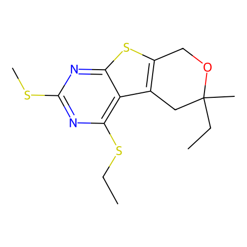 6-ethyl-4-(ethylsulfanyl)-6-methyl-2-(methylsulfanyl)-5,8-dihydro-6H-pyrano[4',3':4,5]thieno[2,3-d]pyrimidine structure