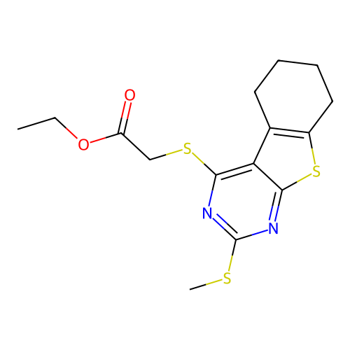 ethyl {[2-(methylsulfanyl)-5,6,7,8-tetrahydro[1]benzothieno[2,3-d]pyrimidin-4-yl]sulfanyl}acetate structure