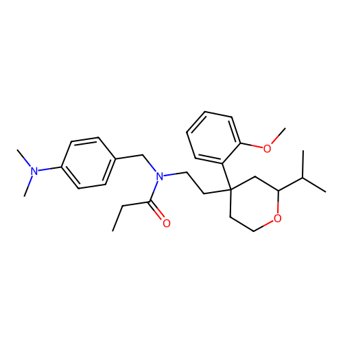 N-(4-(dimethylamino)benzyl)-N-(2-(2-isopropyl-4-(2-methoxyphenyl)tetrahydro-2H-pyran-4-yl)ethyl)propionamide structure