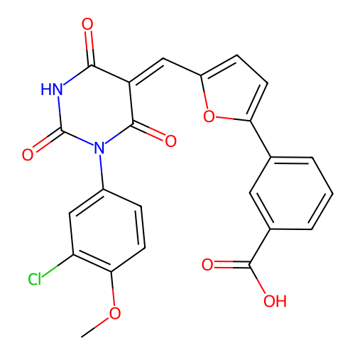 (Z)-3-(5-((1-(3-chloro-4-methoxyphenyl)-2,4,6-trioxotetrahydropyrimidin-5(2H)-ylidene)methyl)furan-2-yl)benzoic acid structure