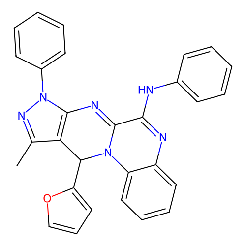 11-(furan-2-yl)-10-methyl-N,8-diphenyl-8,11-dihydropyrazolo[3',4':4,5]pyrimido[1,2-a]quinoxalin-6-amine structure