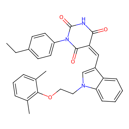 (5Z)-5-({1-[2-(2,6-dimethylphenoxy)ethyl]-1H-indol-3-yl}methylidene)-1-(4-ethylphenyl)pyrimidine-2,4,6(1H,3H,5H)-trione structure