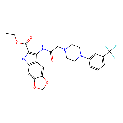 ethyl 7-(2-(4-(3-(trifluoromethyl)phenyl)piperazin-1-yl)acetamido)-5H-[1,3]dioxolo[4,5-f]indole-6-carboxylate structure