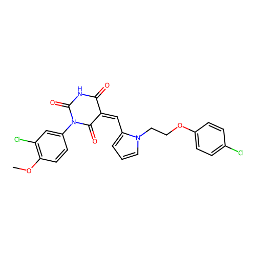 (5Z)-1-(3-chloro-4-methoxyphenyl)-5-({1-[2-(4-chlorophenoxy)ethyl]-1H-pyrrol-2-yl}methylidene)pyrimidine-2,4,6(1H,3H,5H)-trione structure