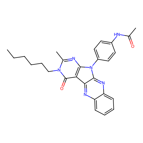 N-(4-(3-hexyl-2-methyl-4-oxo-3H-pyrimido[5',4':4,5]pyrrolo[2,3-b]quinoxalin-11(4H)-yl)phenyl)acetamide structure