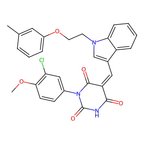 (5Z)-1-(3-chloro-4-methoxyphenyl)-5-({1-[2-(3-methylphenoxy)ethyl]-1H-indol-3-yl}methylidene)pyrimidine-2,4,6(1H,3H,5H)-trione structure