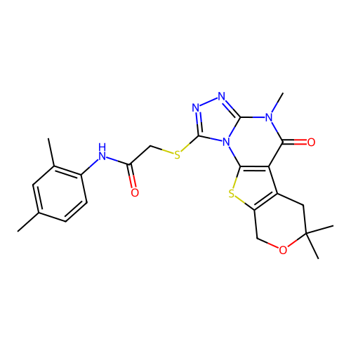 N-(2,4-dimethylphenyl)-2-((4,7,7-trimethyl-5-oxo-5,6,7,9-tetrahydro-4H-pyrano[4',3':4,5]thieno[3,2-e][1,2,4]triazolo[4,3-a]pyrimidin-1-yl)thio)acetamide structure