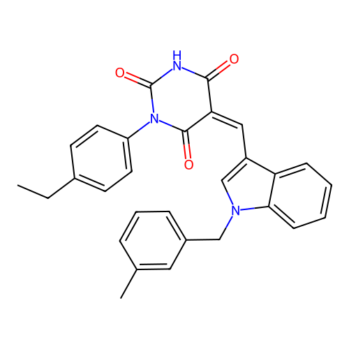 (Z)-1-(4-ethylphenyl)-5-((1-(3-methylbenzyl)-1H-indol-3-yl)methylene)pyrimidine-2,4,6(1H,3H,5H)-trione structure