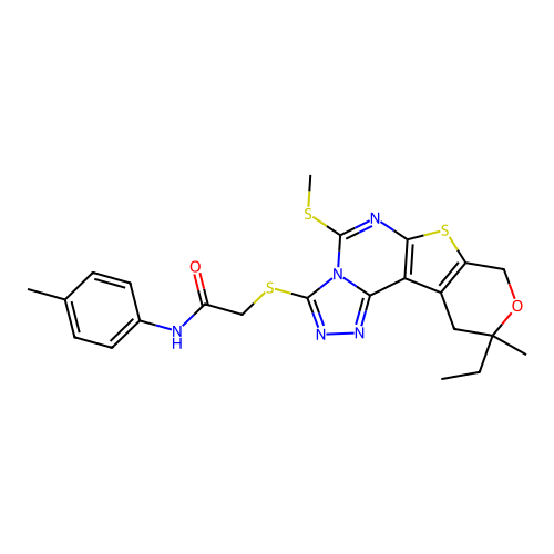 2-((10-ethyl-10-methyl-5-(methylthio)-10,11-dihydro-8H-pyrano[4',3':4,5]thieno[3,2-e][1,2,4]triazolo[4,3-c]pyrimidin-3-yl)thio)-N-(p-tolyl)acetamide structure