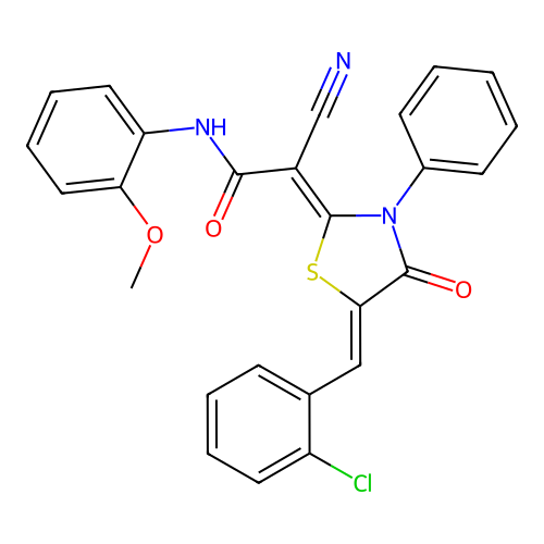 (Z)-2-((Z)-5-(2-chlorobenzylidene)-4-oxo-3-phenylthiazolidin-2-ylidene)-2-cyano-N-(2-methoxyphenyl)acetamide structure