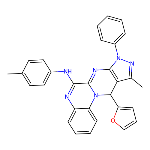 11-(furan-2-yl)-10-methyl-8-phenyl-N-(p-tolyl)-8,11-dihydropyrazolo[3',4':4,5]pyrimido[1,2-a]quinoxalin-6-amine structure