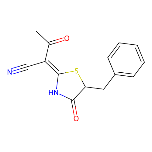 (2Z)-2-(5-benzyl-4-oxo-1,3-thiazolidin-2-ylidene)-3-oxobutanenitrile structure