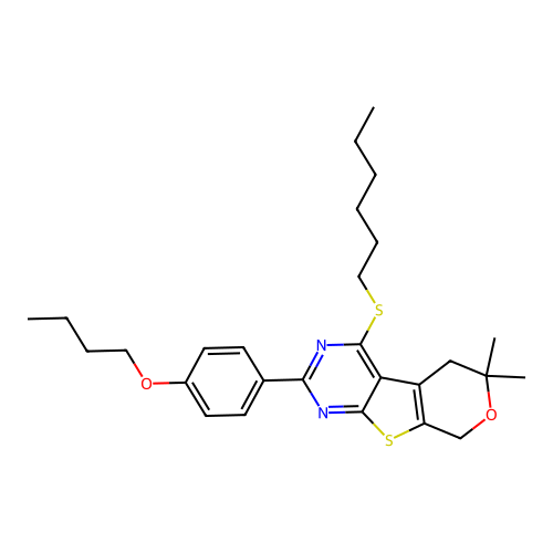 2-(4-butoxyphenyl)-4-(hexylsulfanyl)-6,6-dimethyl-5,8-dihydro-6H-pyrano[4',3':4,5]thieno[2,3-d]pyrimidine structure