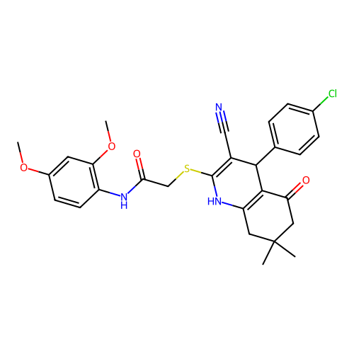 2-((4-(4-chlorophenyl)-3-cyano-7,7-dimethyl-5-oxo-1,4,5,6,7,8-hexahydroquinolin-2-yl)thio)-N-(2,4-dimethoxyphenyl)acetamide structure
