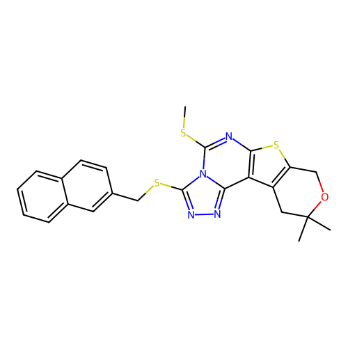10,10-dimethyl-5-(methylsulfanyl)-3-[(naphthalen-2-ylmethyl)sulfanyl]-10,11-dihydro-8H-pyrano[4',3':4,5]thieno[3,2-e][1,2,4]triazolo[4,3-c]pyrimidine structure