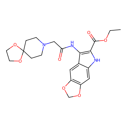 ethyl 7-(2-(1,4-dioxa-8-azaspiro[4.5]decan-8-yl)acetamido)-5H-[1,3]dioxolo[4,5-f]indole-6-carboxylate structure