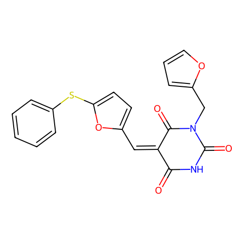 (5Z)-1-(furan-2-ylmethyl)-5-[(5-phenylsulfanylfuran-2-yl)methylidene]-1,3-diazinane-2,4,6-trione structure