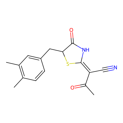 (2Z)-2-[5-(3,4-dimethylbenzyl)-4-oxo-1,3-thiazolidin-2-ylidene]-3-oxobutanenitrile structure