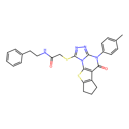 2-((5-oxo-4-(p-tolyl)-5,6,7,8-tetrahydro-4H-cyclopenta[4,5]thieno[3,2-e][1,2,4]triazolo[4,3-a]pyrimidin-1-yl)thio)-N-phenethylacetamide structure