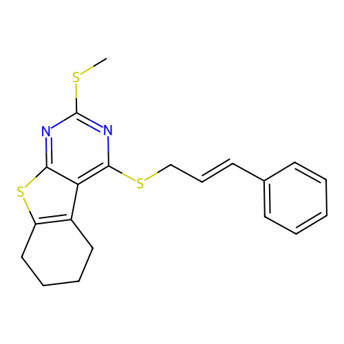 4-(cinnamylthio)-2-(methylthio)-5,6,7,8-tetrahydrobenzo[4,5]thieno[2,3-d]pyrimidine structure