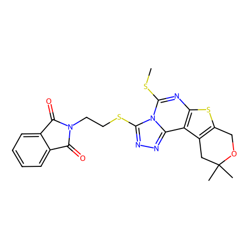 2-(2-((10,10-dimethyl-5-(methylthio)-10,11-dihydro-8H-pyrano[4',3':4,5]thieno[3,2-e][1,2,4]triazolo[4,3-c]pyrimidin-3-yl)thio)ethyl)isoindoline-1,3-dione structure