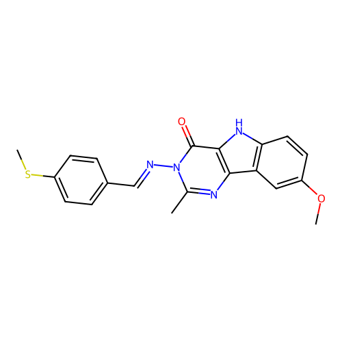 (E)-8-methoxy-2-methyl-3-((4-(methylthio)benzylidene)amino)-3H-pyrimido[5,4-b]indol-4(5H)-one structure