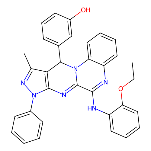 3-(6-((2-ethoxyphenyl)amino)-10-methyl-8-phenyl-8,11-dihydropyrazolo[3',4':4,5]pyrimido[1,2-a]quinoxalin-11-yl)phenol structure
