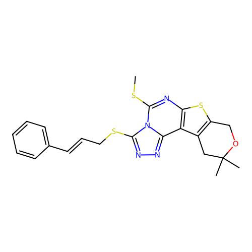 10,10-dimethyl-5-(methylsulfanyl)-3-{[(2E)-3-phenylprop-2-en-1-yl]sulfanyl}-10,11-dihydro-8H-pyrano[4',3':4,5]thieno[3,2-e][1,2,4]triazolo[4,3-c]pyrimidine structure
