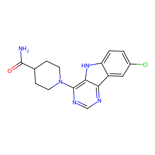 1-(8-chloro-5H-pyrimido[5,4-b]indol-4-yl)piperidine-4-carboxamide structure