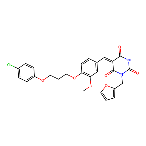 (Z)-5-(4-(3-(4-chlorophenoxy)propoxy)-3-methoxybenzylidene)-1-(furan-2-ylmethyl)pyrimidine-2,4,6(1H,3H,5H)-trione structure