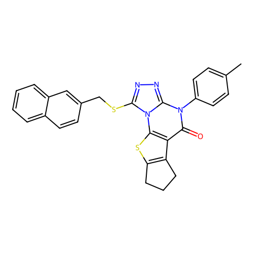 1-((naphthalen-2-ylmethyl)thio)-4-(p-tolyl)-7,8-dihydro-4H-cyclopenta[4,5]thieno[3,2-e][1,2,4]triazolo[4,3-a]pyrimidin-5(6H)-one structure