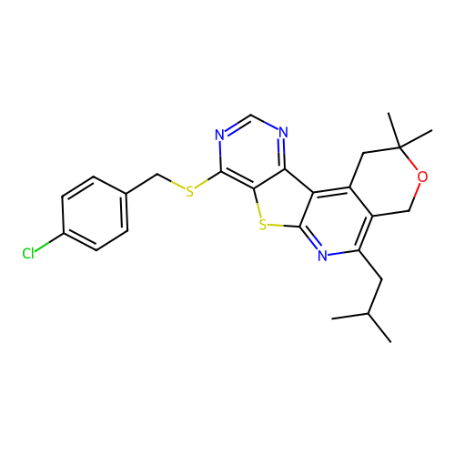 4-CHLOROBENZYL (5-ISOBUTYL-2,2-DIMETHYL-1,4-DIHYDRO-2H-PYRANO[4'',3'':4',5']PYRIDO[3',2':4,5]THIENO[3,2-D]PYRIMIDIN-8-YL) SULFIDE structure