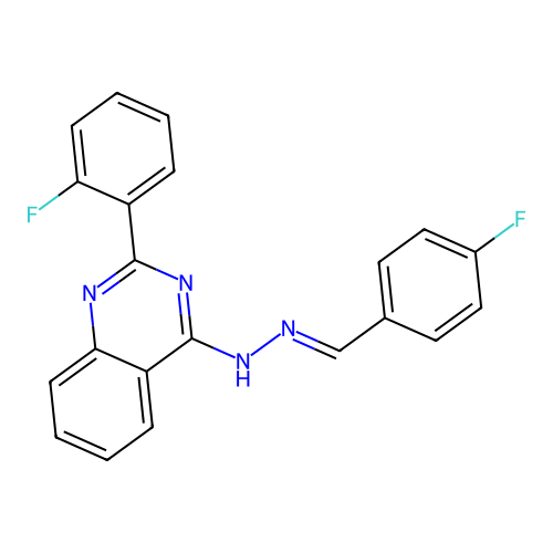 4-[(2E)-2-(4-fluorobenzylidene)hydrazinyl]-2-(2-fluorophenyl)quinazoline structure